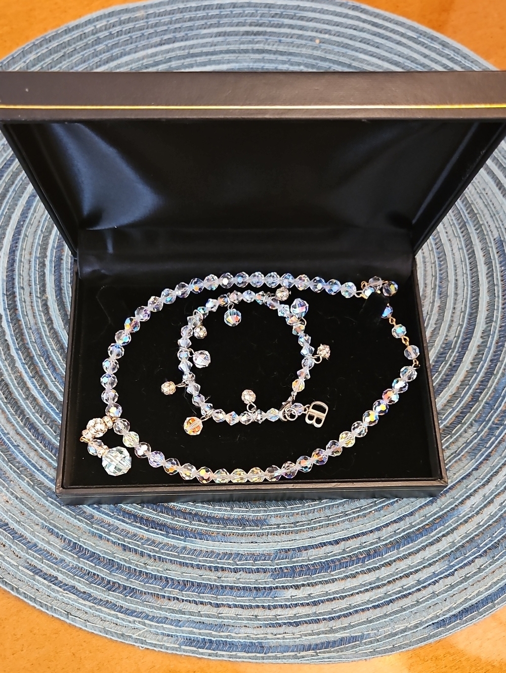 Vintage Iridescent Crystal Bead Choker and Bracelet Bridal Jewelry With Box